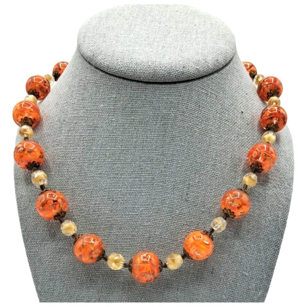 Vintage Murano Glass Necklace Orange Gold Givre Clear Cream Beaded Single Strand